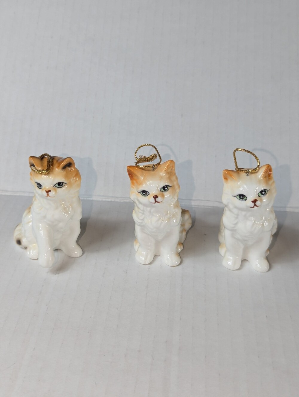 VTG Fine Porcelain Cat Christmas Ornaments Set of 3 Fluffy Tabby Calico Kittens